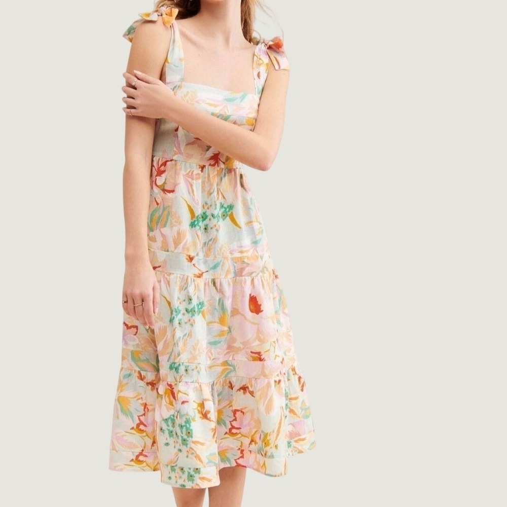 Kachel‎ x Anthropologie Midi Dress 6 Floral Linen Blend Tiered Sun Dress Orange